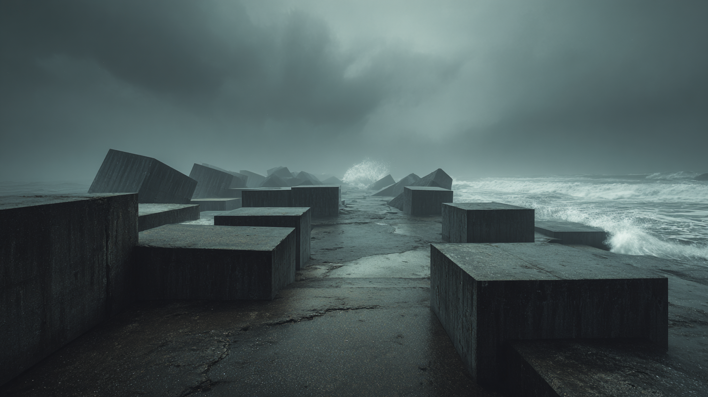 Brutalist concrete coastline under stormy skies